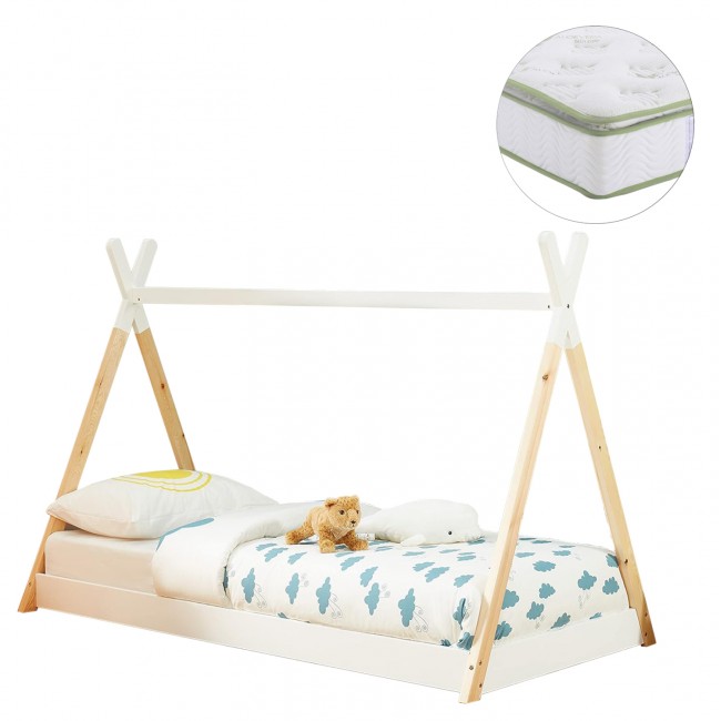 Κρεβάτι παιδικό με στρώμα "MUNK" από ξύλο σε χρώμα φυσικό/λευκό 90x190