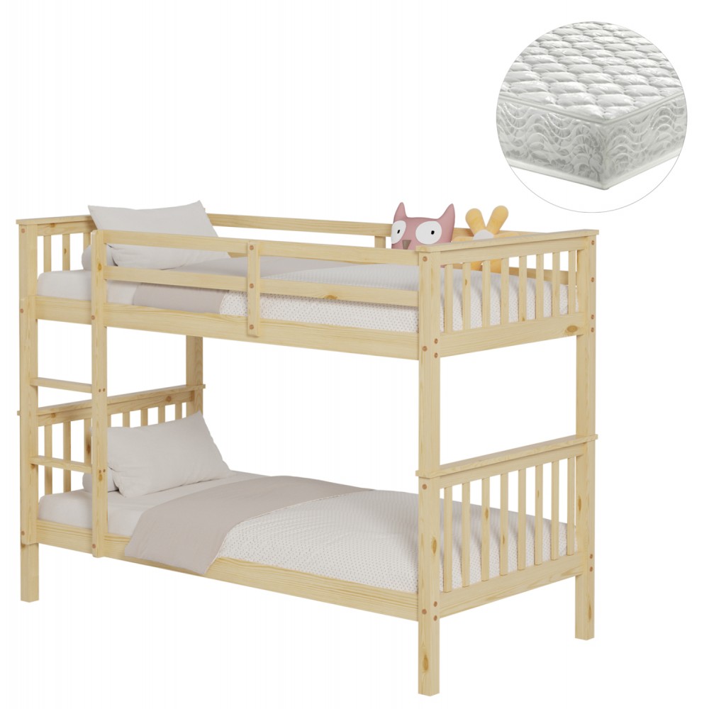 Κουκέτα παιδική με 2 στρώματα "LANTAI" από ξύλο σε χρώμα φυσικό 90x190