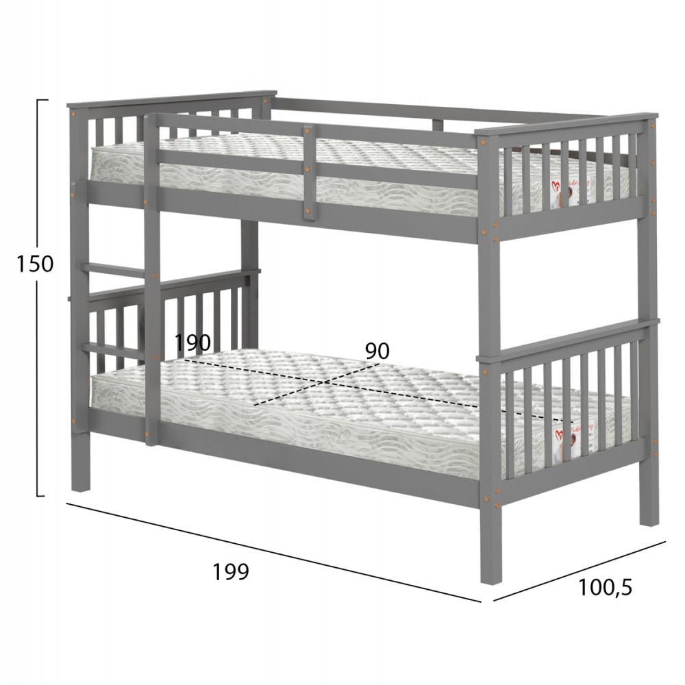 Κουκέτα παιδική με 2 στρώματα "LANTAI" από ξύλο σε χρώμα γκρι 90x190