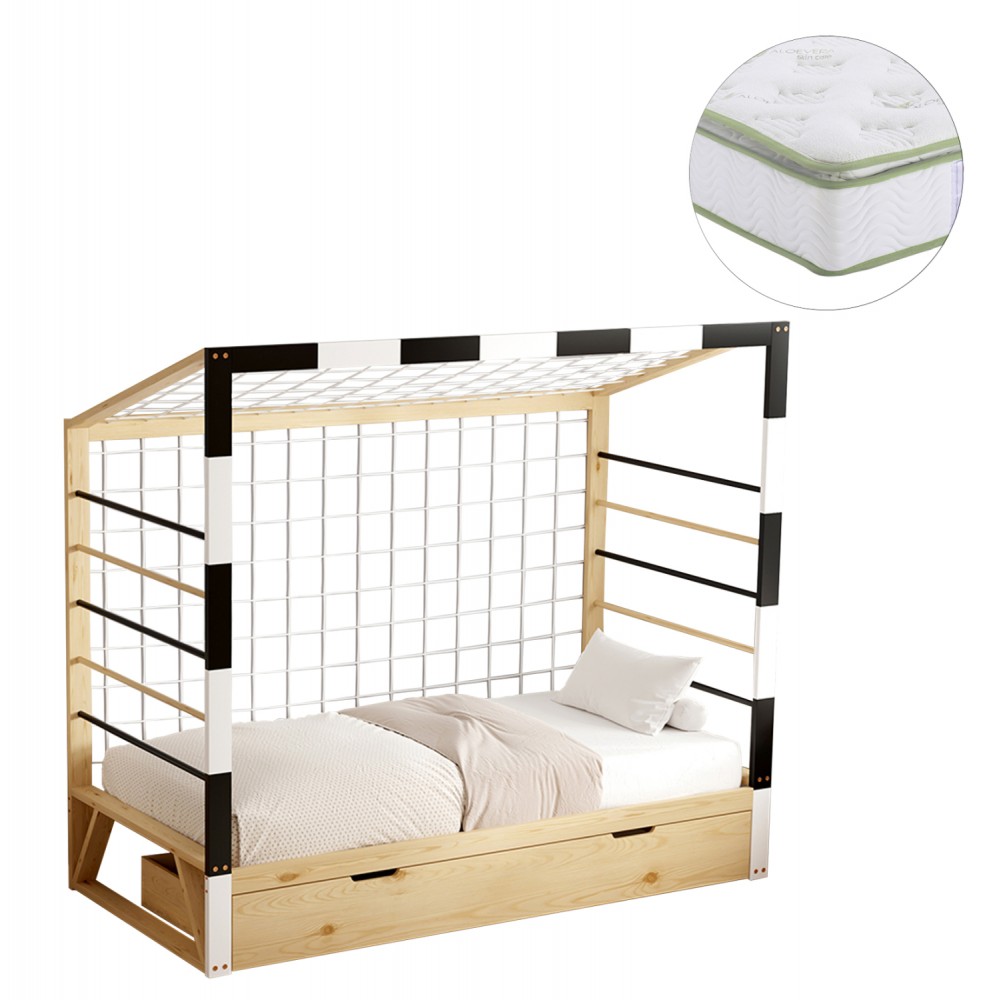 Κρεβάτι παιδικό με στρώμα "GOALIE" τ.montessori από ξύλο σε χρώμα φυσικό/λευκό/μαύρο 90x190