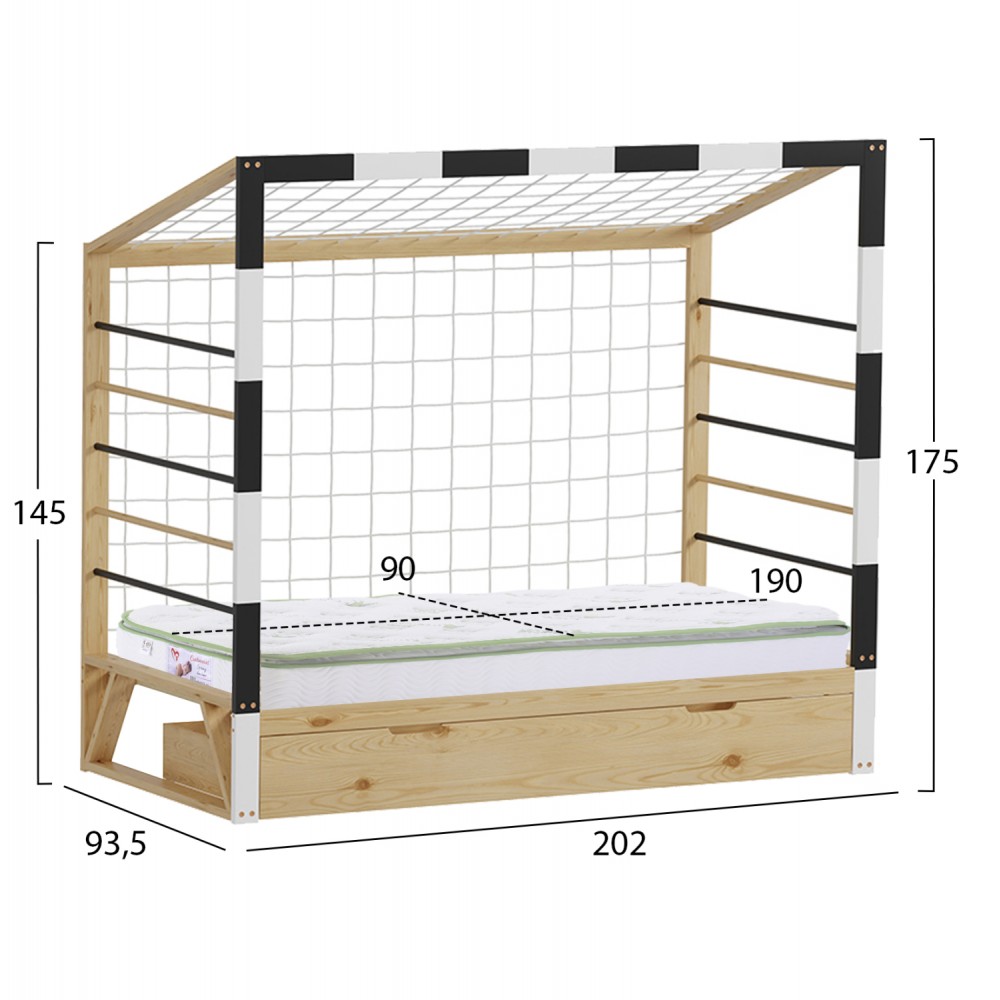 Κρεβάτι παιδικό με στρώμα "GOALIE" τ.montessori από ξύλο σε χρώμα φυσικό/λευκό/μαύρο 90x190