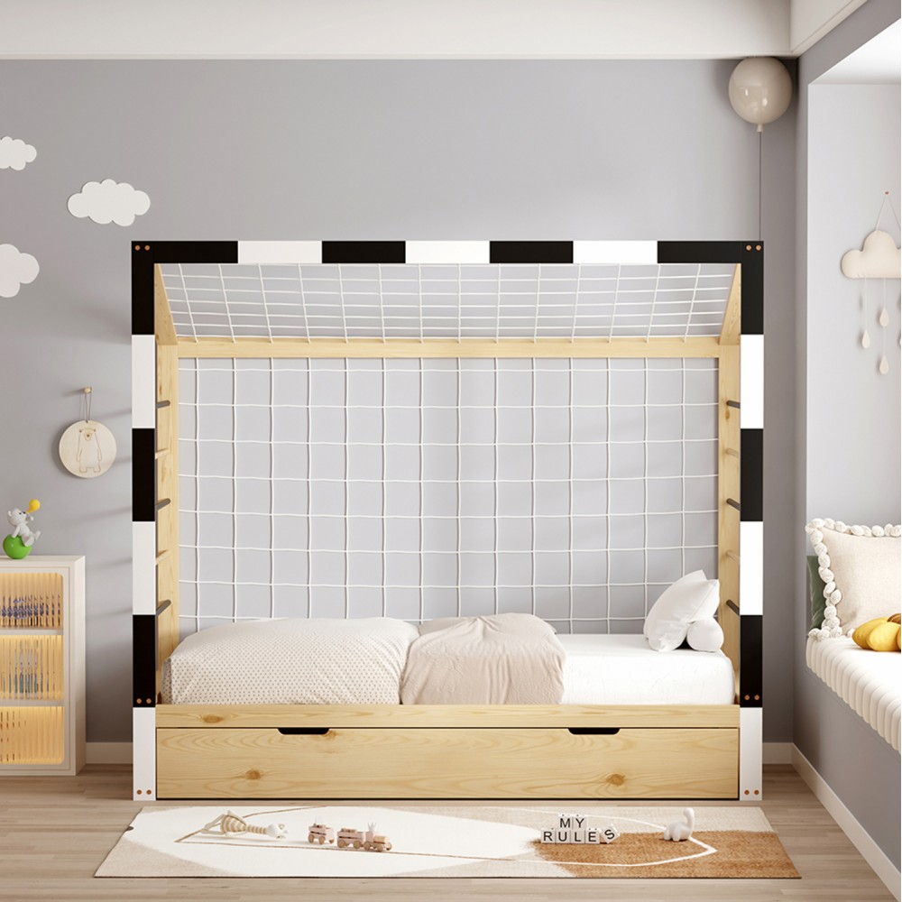 Κρεβάτι παιδικό με στρώμα "GOALIE" τ.montessori από ξύλο σε χρώμα φυσικό/λευκό/μαύρο 90x190