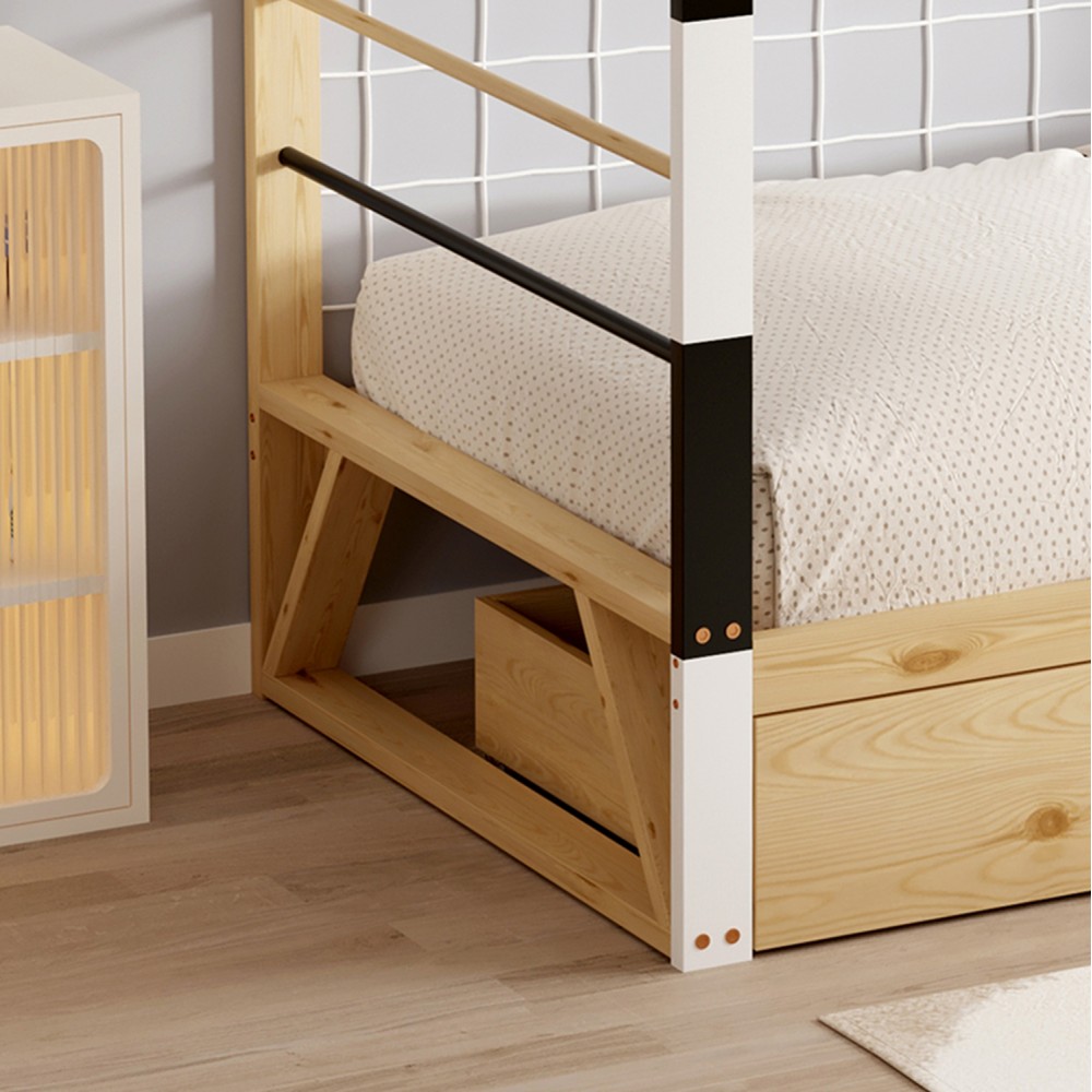 Κρεβάτι παιδικό με στρώμα "GOALIE" τ.montessori από ξύλο σε χρώμα φυσικό/λευκό/μαύρο 90x190