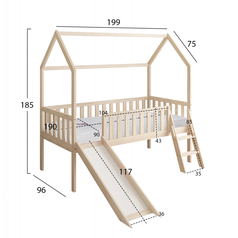 Κρεβάτι παιδικό με στρώμα και τσουλήθρα "PHYLLIS" από ξύλο σε χρώμα φυσικό 90x190