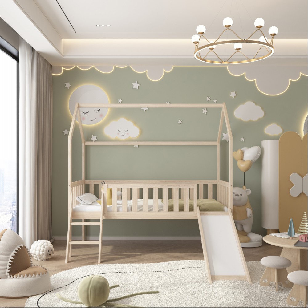 Κρεβάτι παιδικό με στρώμα και τσουλήθρα "PHYLLIS" από ξύλο σε χρώμα φυσικό 90x190