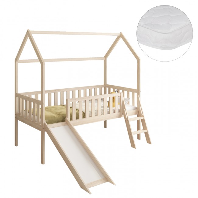 Κρεβάτι παιδικό με στρώμα και τσουλήθρα "PHYLLIS" από ξύλο σε χρώμα φυσικό 90x190