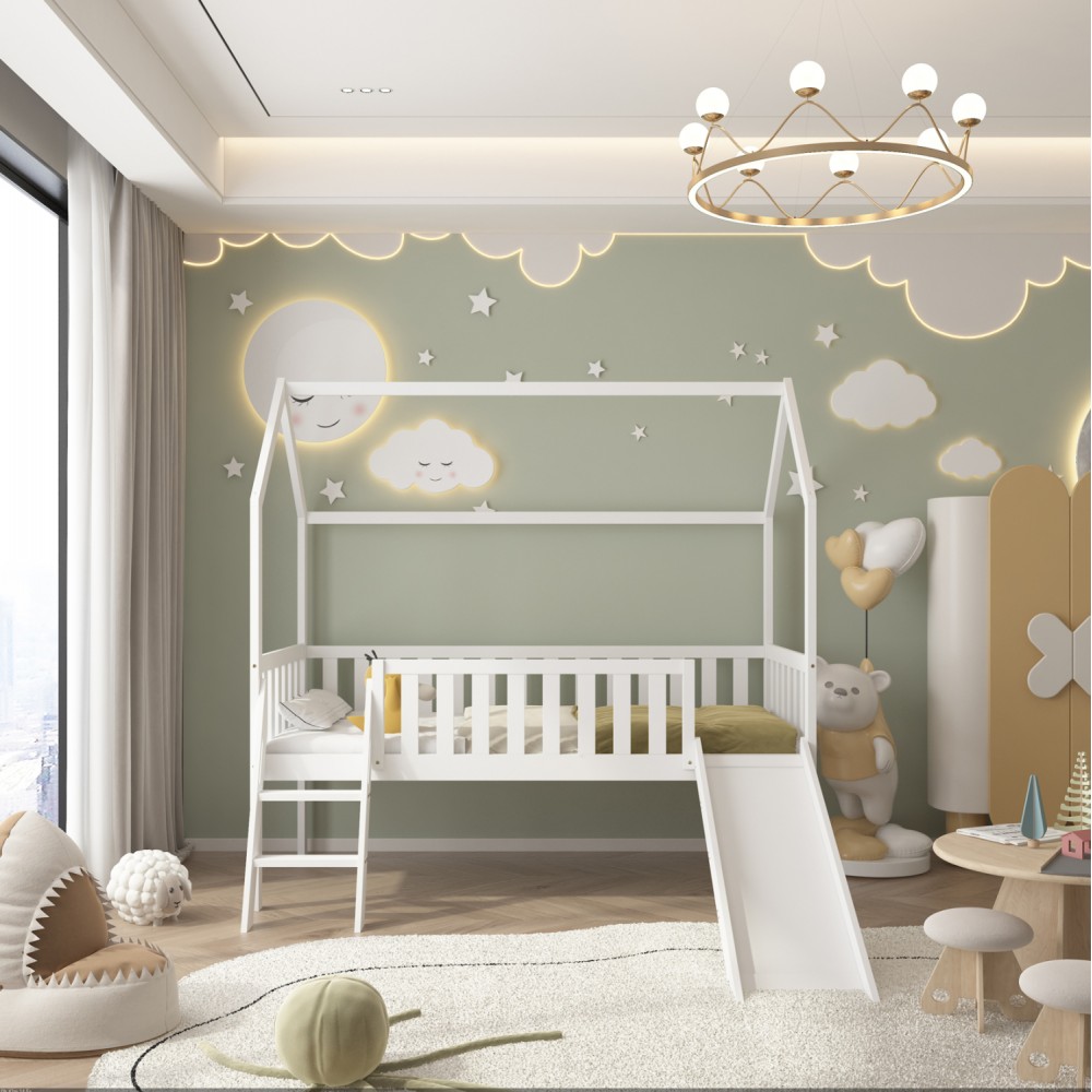 Κρεβάτι παιδικό με στρώμα και τσουλήθρα "PHYLLIS" από ξύλο σε χρώμα λευκό 90x190