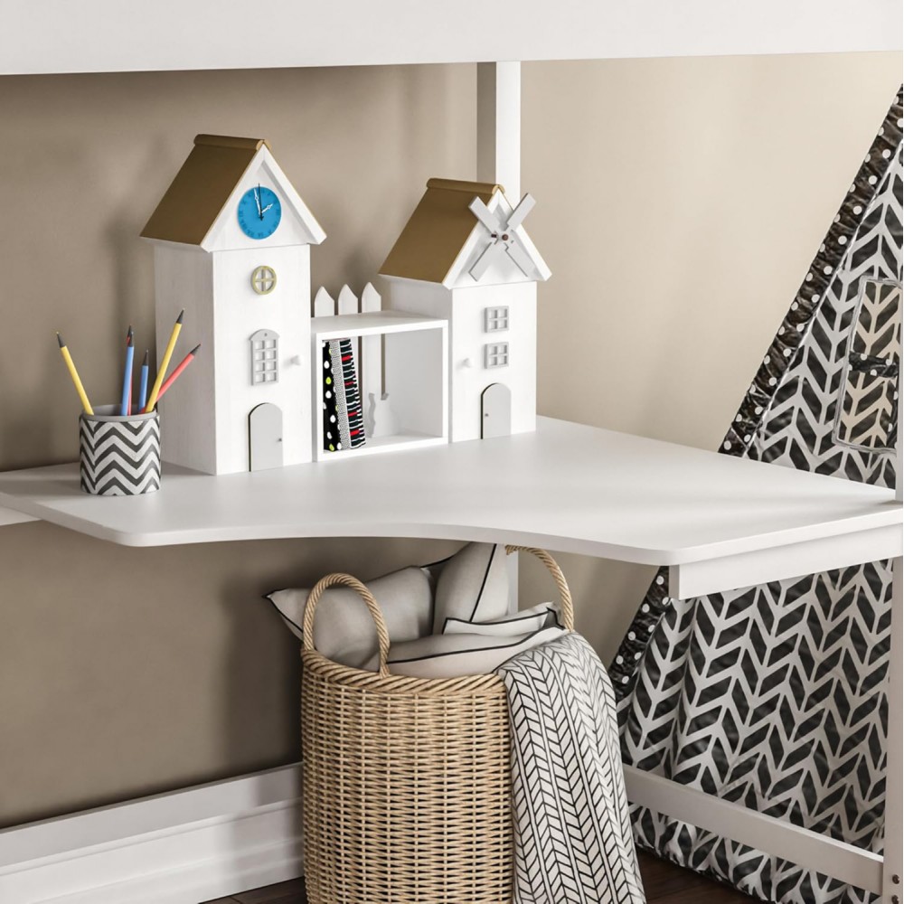 Κουκέτα παιδική με στρώμα και γραφείο "AKRON" από ξύλο σε χρώμα λευκό 90x190