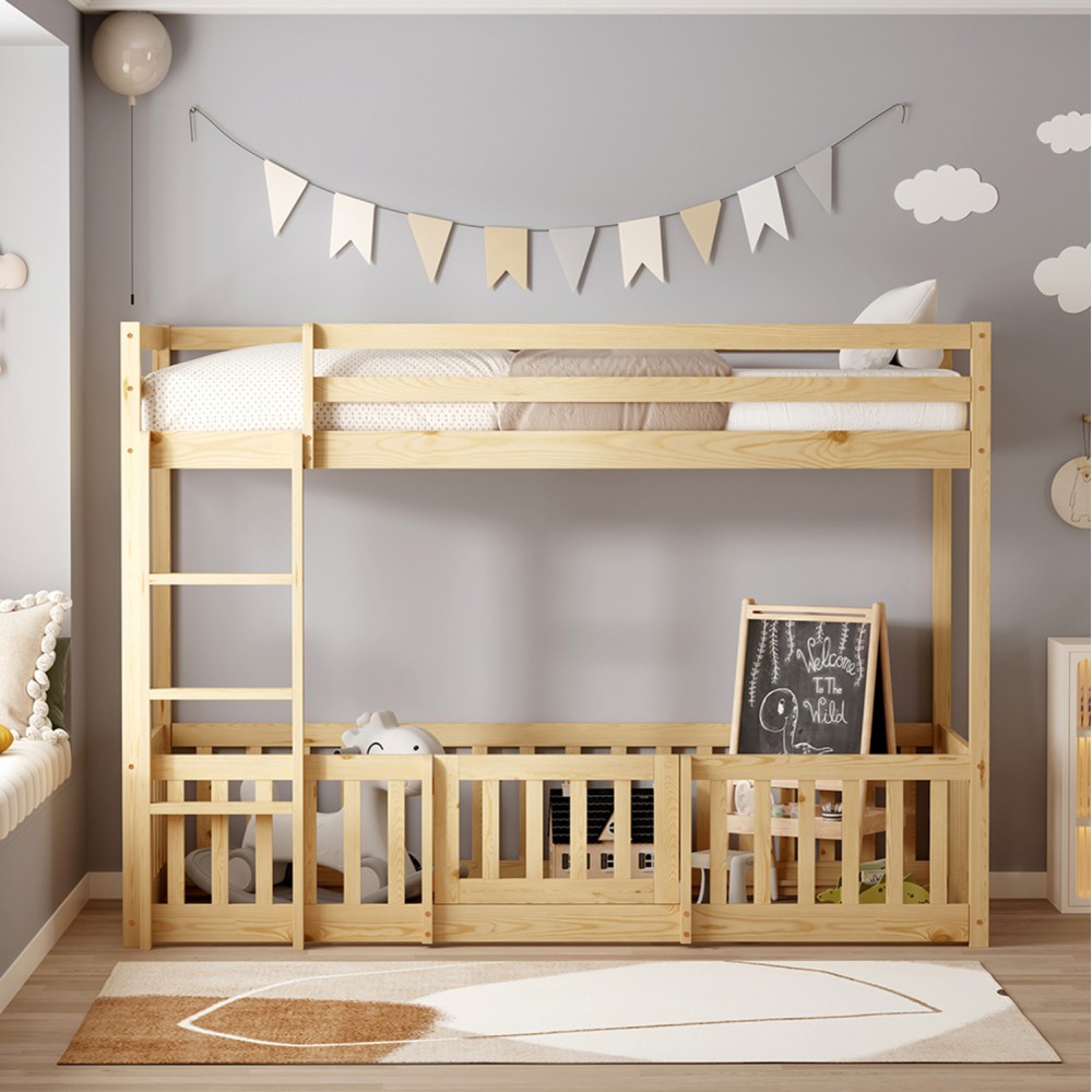 Κουκέτα παιδική με παρκάκι και στρώμα "PLAYKID" από ξύλο σε χρώμα φυσικό 90x190