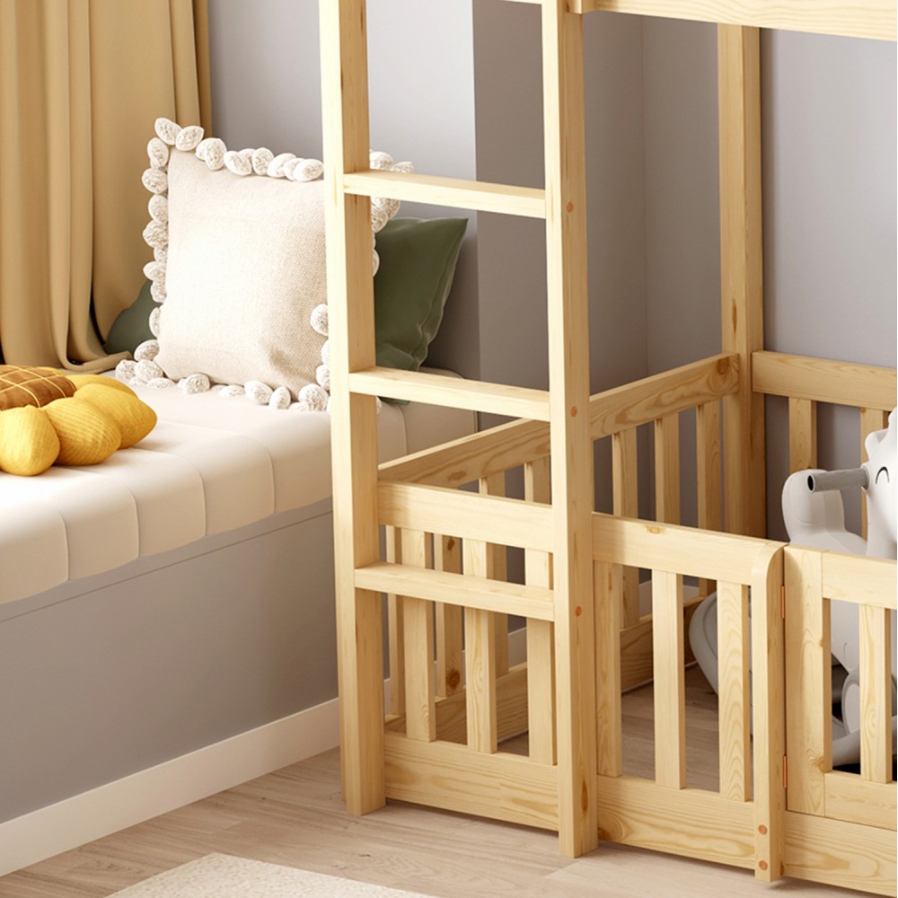 Κουκέτα παιδική με παρκάκι και στρώμα "PLAYKID" από ξύλο σε χρώμα φυσικό 90x190