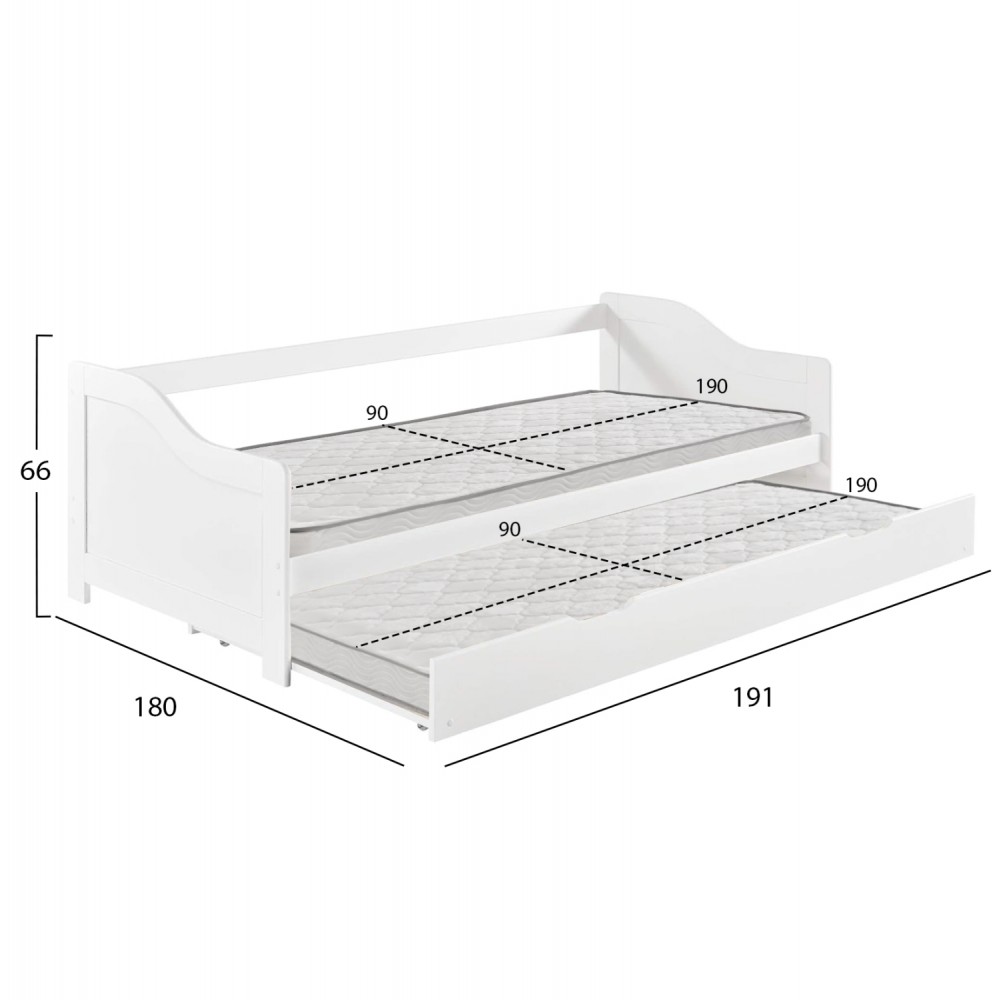 Καναπές-κρεβάτι με 2 στρώματα "TRADDY" από ξύλο σε χρώμα λευκό 90x190