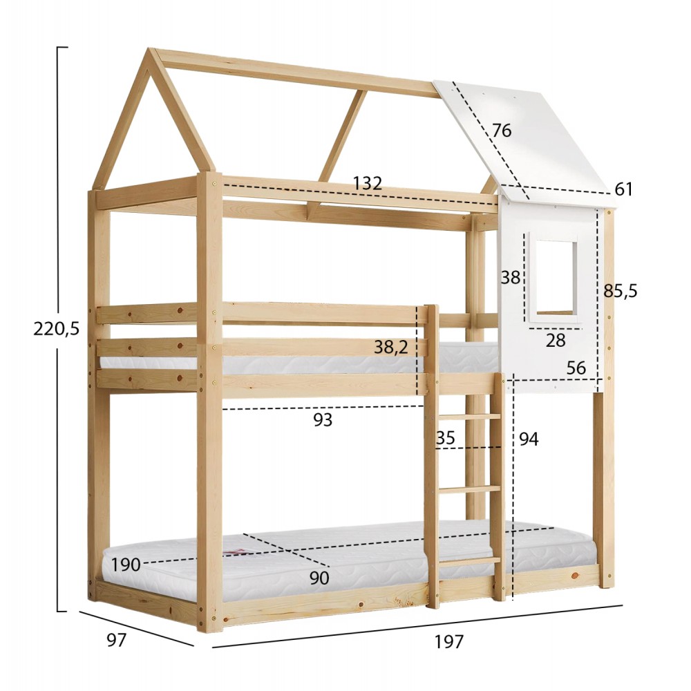 Κουκέτα παιδική με 2 στρώματα "HOOD" από ξύλο σε χρώμα φυσικό 90x190
