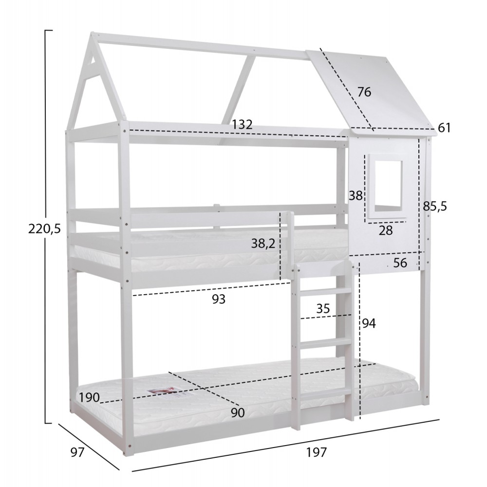 Κουκέτα παιδική με 2 στρώματα "HOOD" από ξύλο σε χρώμα λευκό 90x190