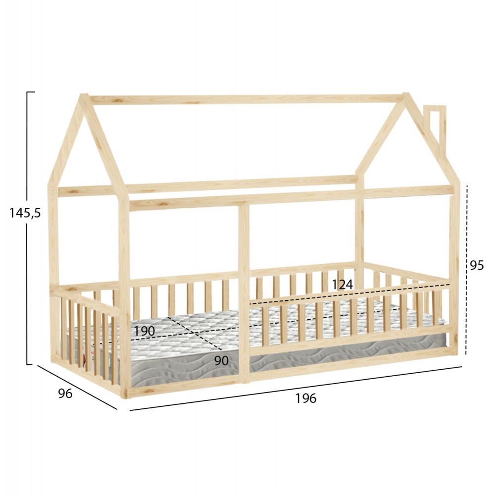 Κρεβάτι παιδικό με στρώμα "HOUSER" τ.montessori από ξύλο σε χρώμα φυσικό 90x190