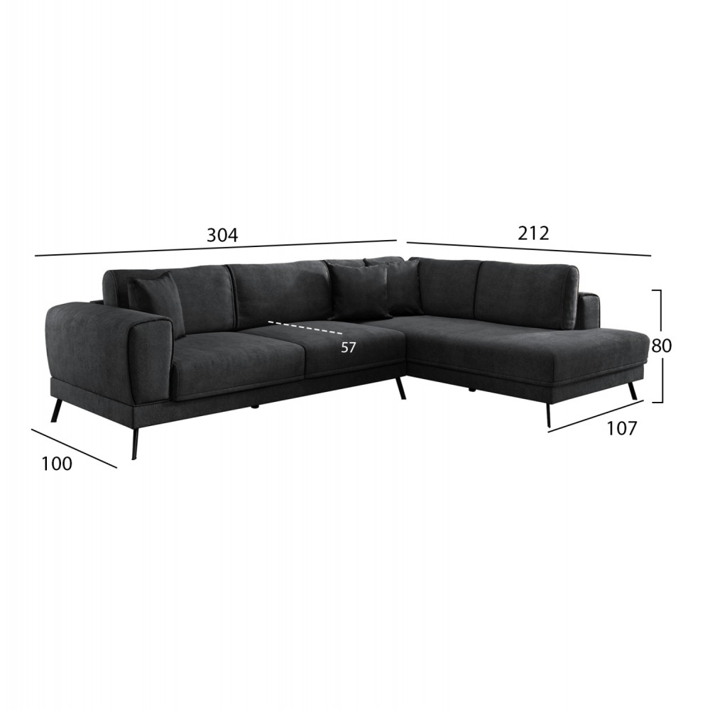 Καναπές-κρεβάτι "ZENORA" με δεξιά γωνία από ύφασμα σε χρώμα γκρι 304x212x80