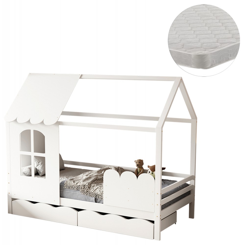 Κρεβάτι παιδικό με στρώμα "DOMER" από ξύλο πεύκου σε χρώμα λευκό 90x190