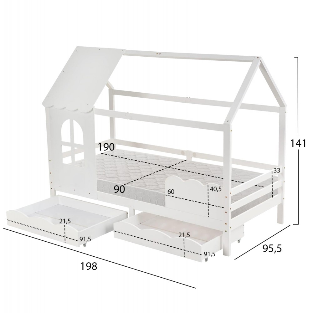 Κρεβάτι παιδικό με στρώμα "DOMER" από ξύλο πεύκου σε χρώμα λευκό 90x190