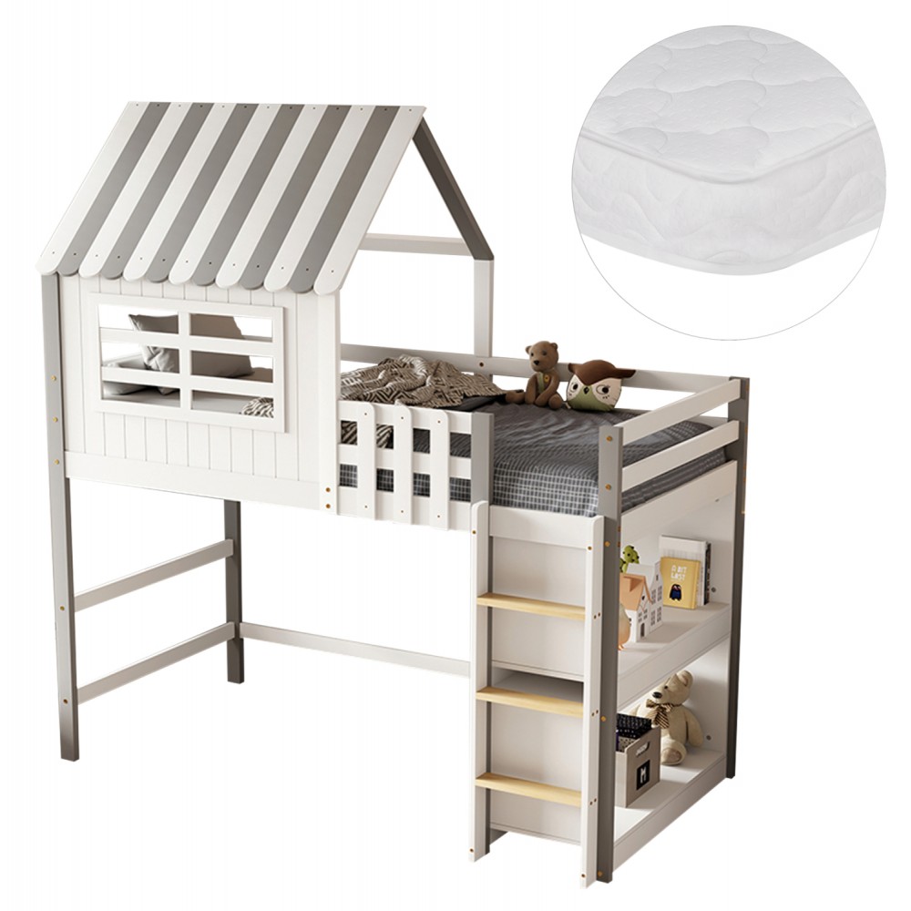 Κουκέτα παιδική με ράφια "HOMI" από ξύλο πεύκου σε χρώμα λευκό/γκρι 199.5x102x218.5