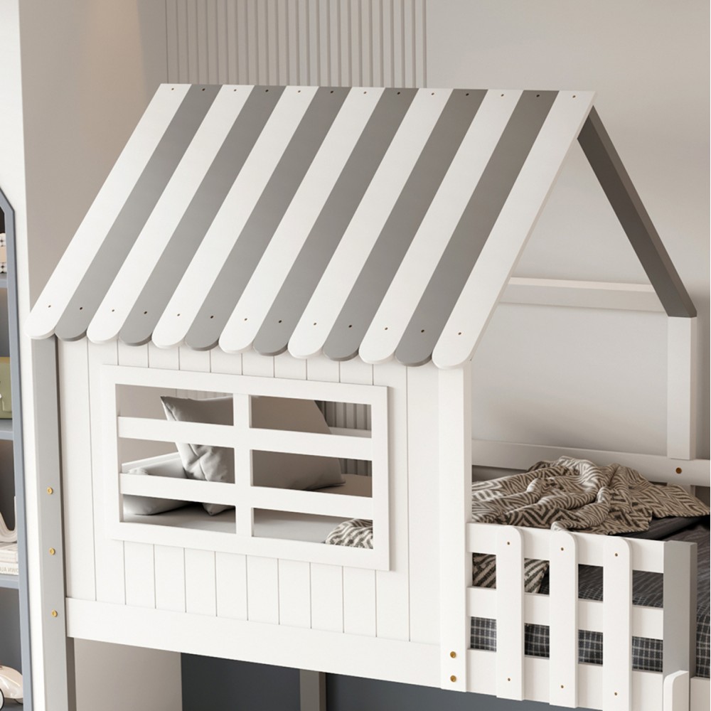 Κουκέτα παιδική με ράφια "HOMI" από ξύλο πεύκου σε χρώμα λευκό/γκρι 199.5x102x218.5