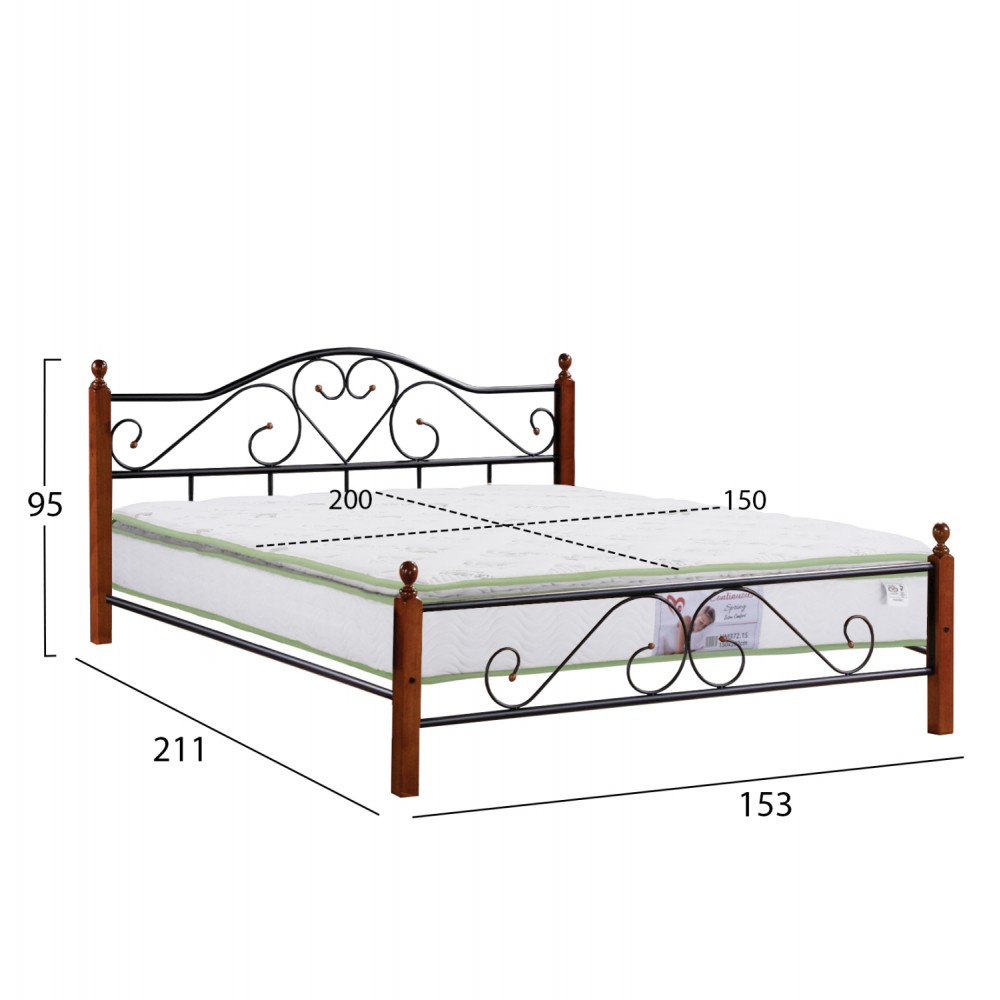 Κρεβάτι διπλό και στρώμα "CANDY" από μέταλλο/ξύλο σε χρώμα dirty oak 150x200