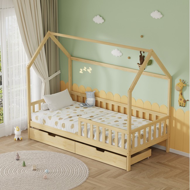 Κρεβάτι παιδικό με συρτάρια "PHYLLIS" από ξύλο πεύκου σε χρώμα φυσικό 196x97x161