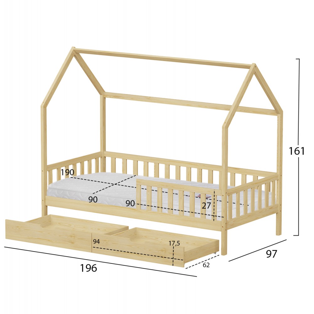 Κρεβάτι παιδικό με συρτάρια "PHYLLIS" από ξύλο πεύκου σε χρώμα φυσικό 196x97x161