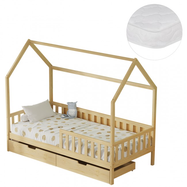 Κρεβάτι παιδικό με συρτάρια "PHYLLIS" από ξύλο πεύκου σε χρώμα φυσικό 196x97x161