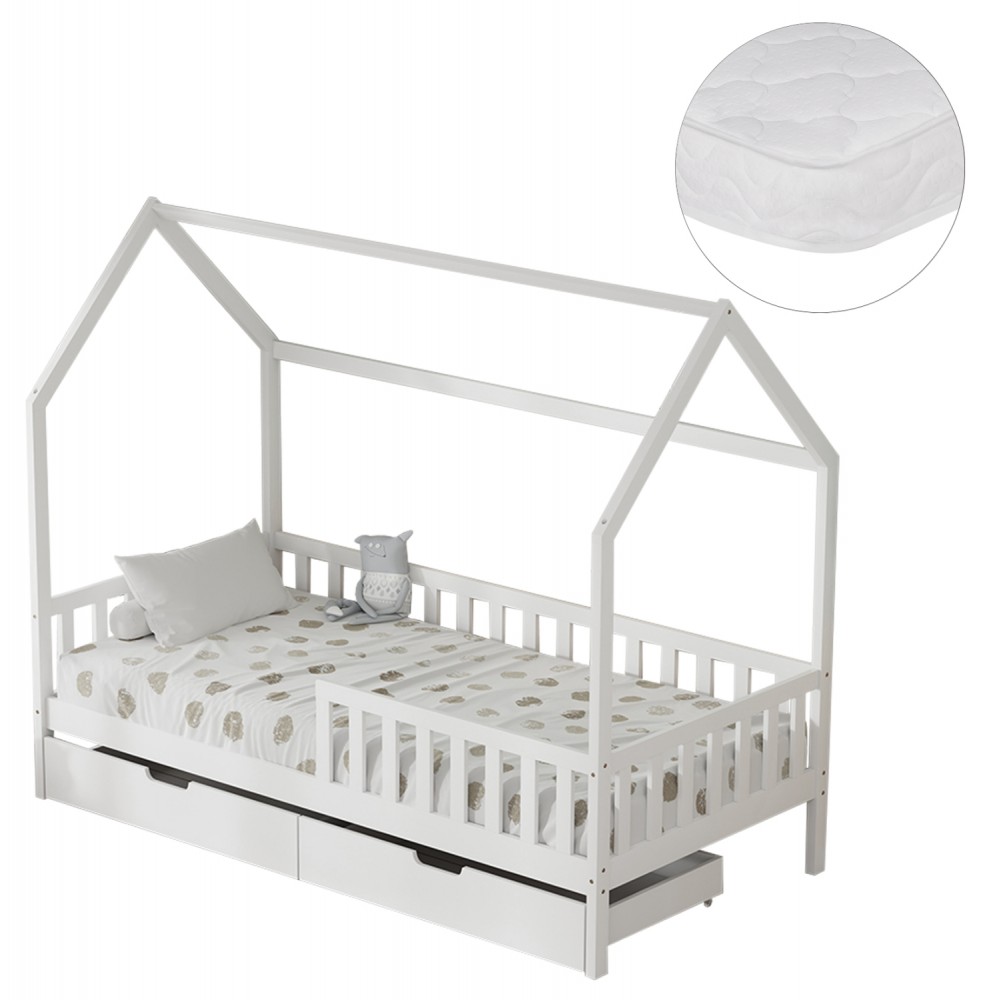 Κρεβάτι παιδικό με συρτάρια "PHYLLIS" από ξύλο πεύκου σε χρώμα λευκό 196x97x161