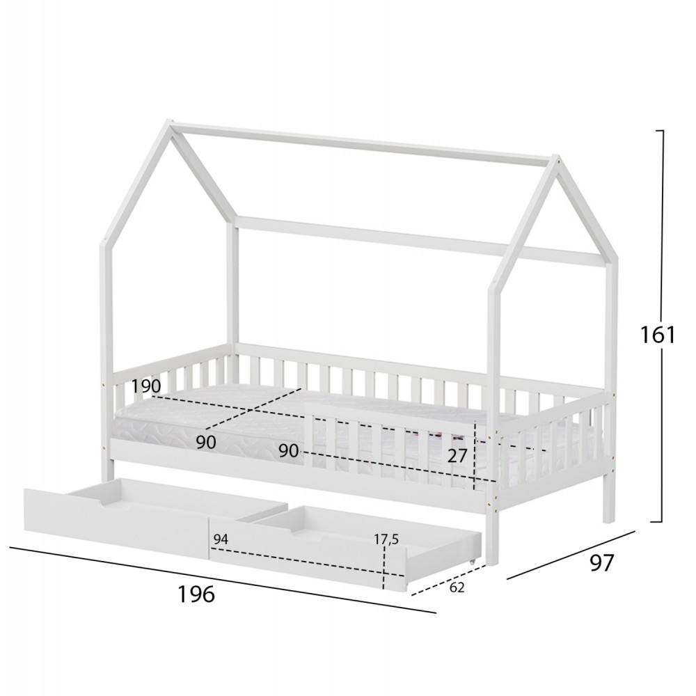 Κρεβάτι παιδικό με συρτάρια "PHYLLIS" από ξύλο πεύκου σε χρώμα λευκό 196x97x161