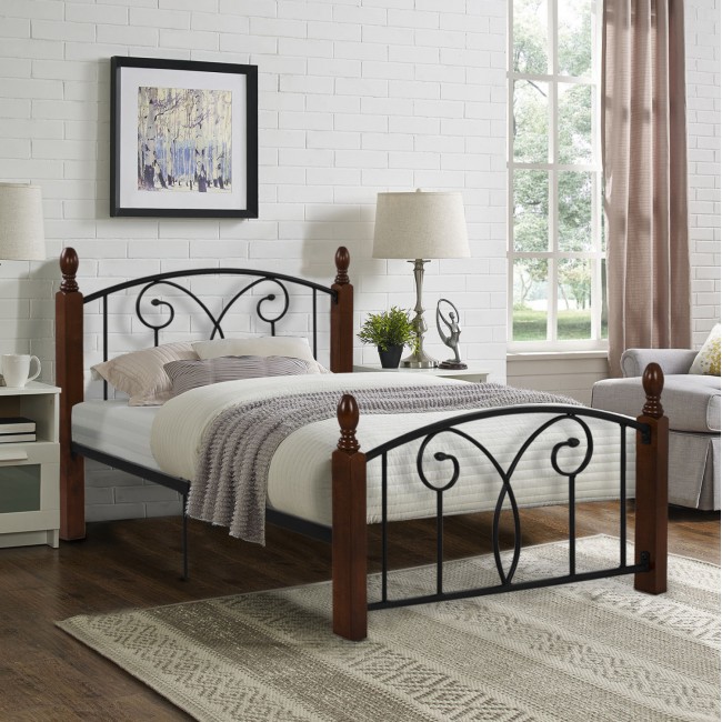 Κρεβάτι ημίδιπλο "SUZIE" με στρώμα από μέταλλο/ξύλο σε χρώμα μαύρο/καρυδί 110x190