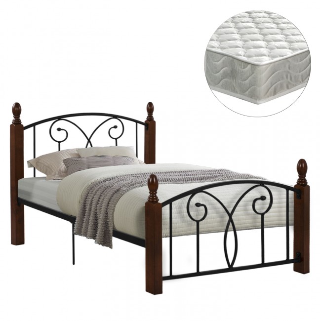 Κρεβάτι ημίδιπλο "SUZIE" με στρώμα από μέταλλο/ξύλο σε χρώμα μαύρο/καρυδί 110x190