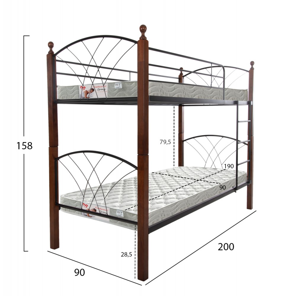 Κουκέτα "STOREY" με στρώματα από μέταλλο/rubberwood σε χρώμα μαύρο/καρυδί 90x190
