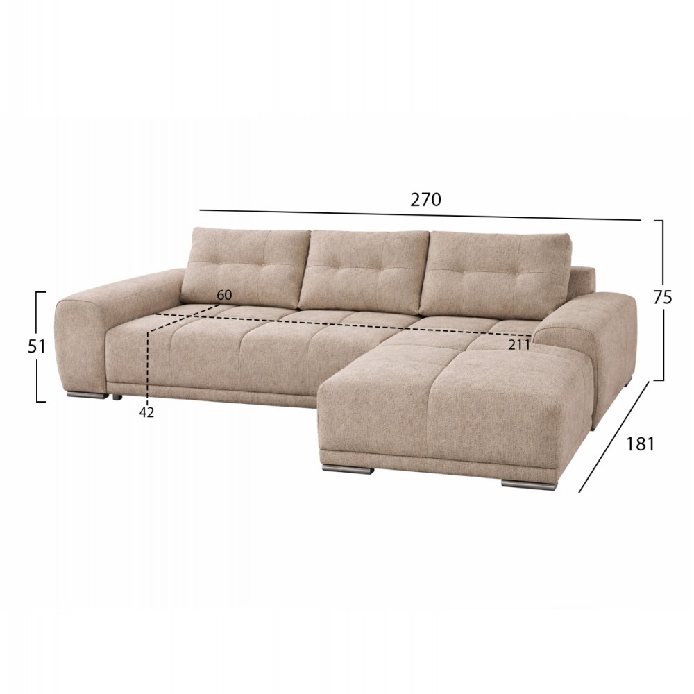 Καναπές-κρεβάτι "COMFYRA" με δεξιά γωνία απο ύφασμα σε χρωμα μπεζ 270x181x75