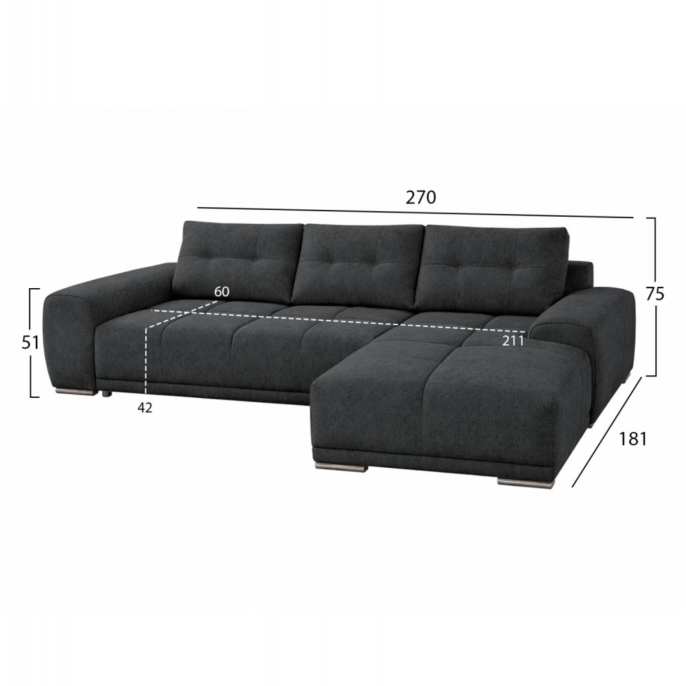 Καναπές-κρεβάτι "COMFYRA" με δεξιά γωνία απο ύφασμα σε χρωμα γκρι 270x181x75