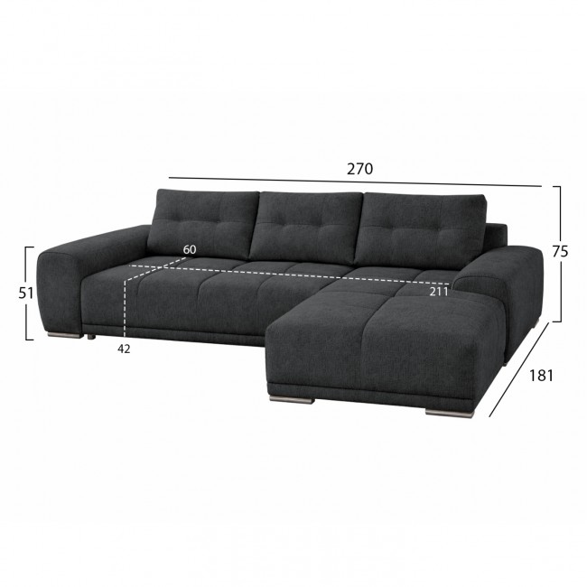 Καναπές-κρεβάτι "COMFYRA" με δεξιά γωνία απο ύφασμα σε χρωμα γκρι 270x181x75