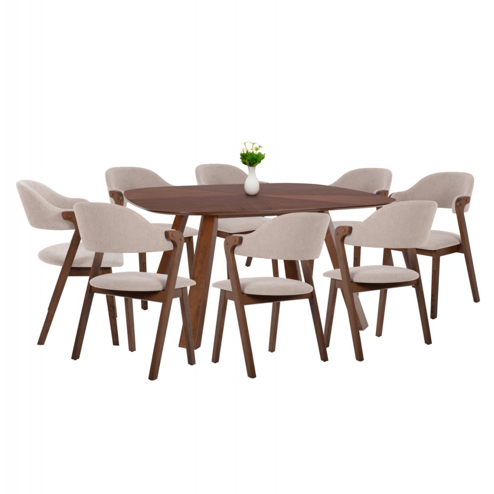 Σετ τραπεζαρίας 9τμχ "RIDER" τραπέζι απο MDF και καρέκλες rubberwood/ύφασμα εκρού