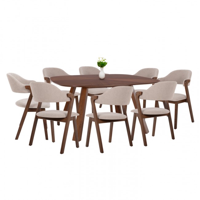 Σετ τραπεζαρίας 9τμχ "RIDER" τραπέζι απο MDF και καρέκλες rubberwood/ύφασμα εκρού