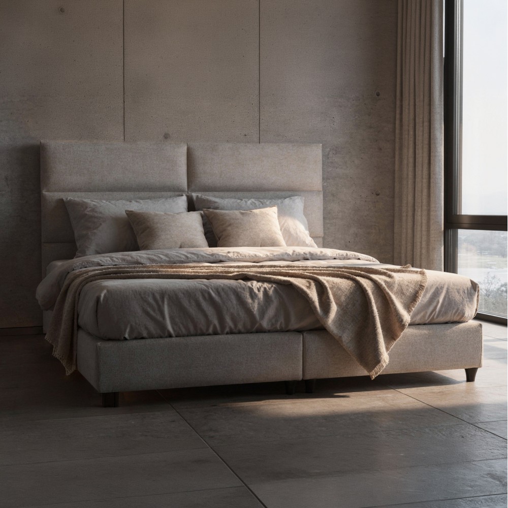 Κρεβάτι υπέρδιπλο "MILO" από ύφασμα σε μπεζ χρώμα 180x200