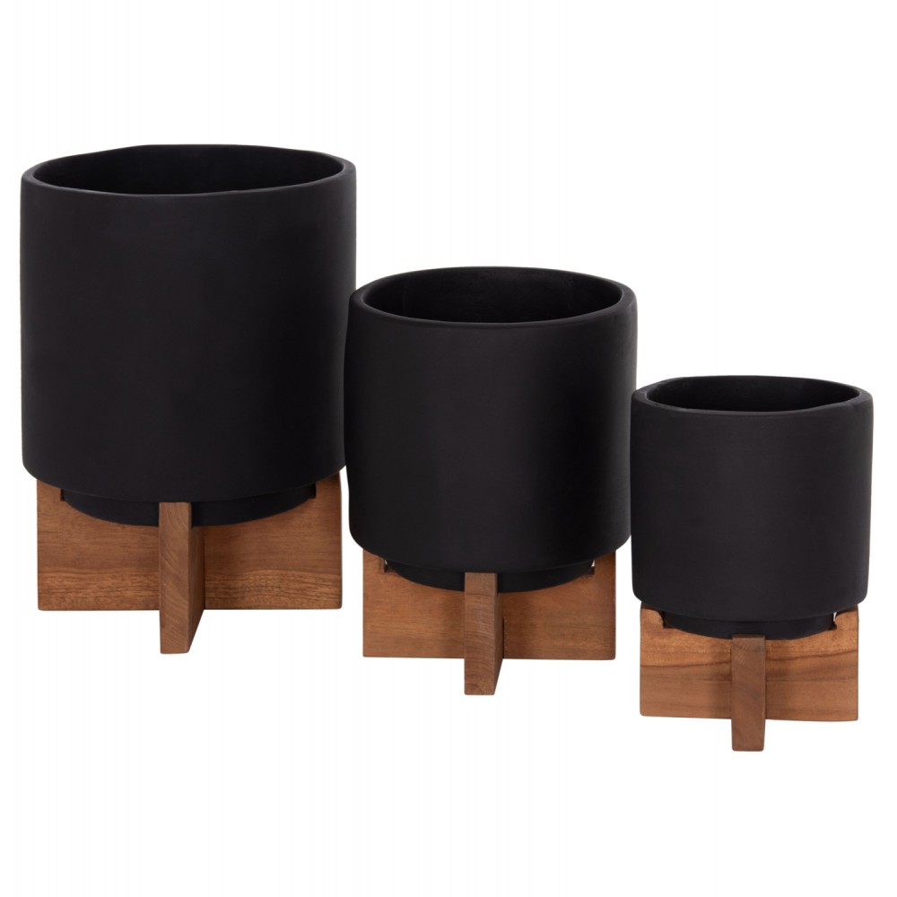 Σετ γλάστρες "TANTI" 3τμχ από τσιμέντο/ξύλο σε χρώμα μαύρο/καφέ Φ18x27