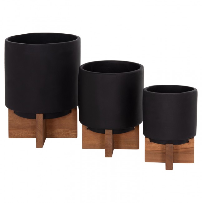 Σετ γλάστρες "TANTI" 3τμχ από τσιμέντο/ξύλο σε χρώμα μαύρο/καφέ Φ18x27