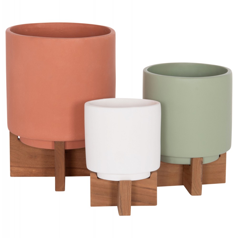 Σετ γλάστρες "TANTI" 3 τμχ από τσιμέντο/ξύλο σε χρώμα πορτοκαλί/λαδί/λευκό/καφέ Φ18x27