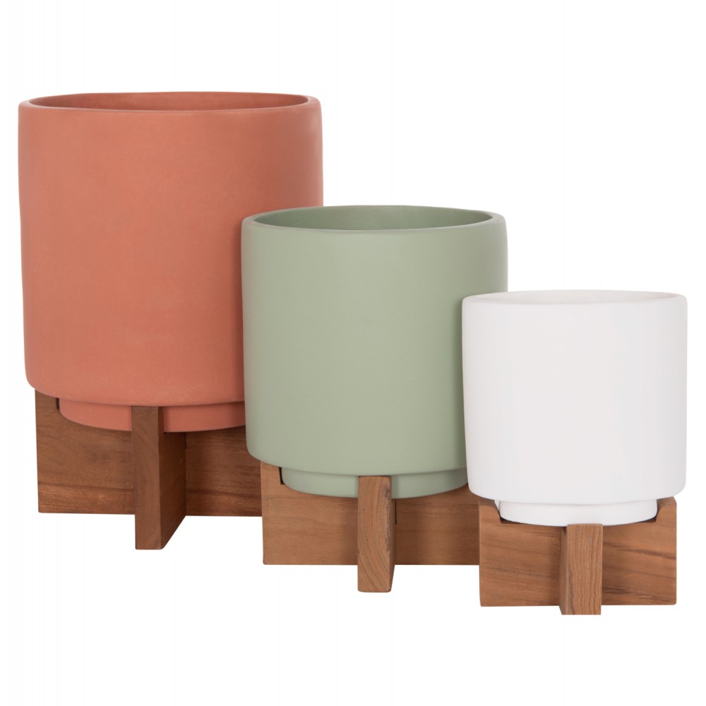Σετ γλάστρες "TANTI" 3 τμχ από τσιμέντο/ξύλο σε χρώμα πορτοκαλί/λαδί/λευκό/καφέ Φ18x27