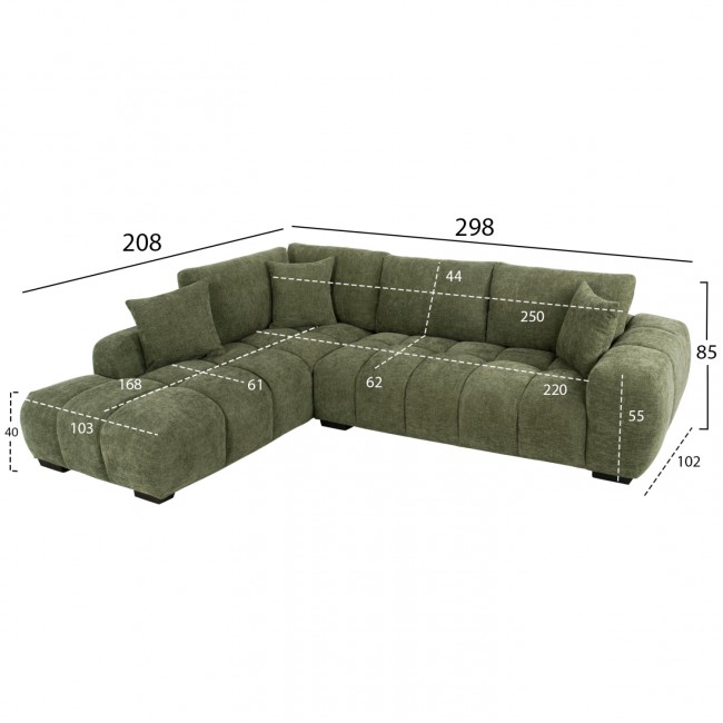 Γωνιακός καναπές "COVEN" από ύφασμα σε χρώμα πράσινο 298x102-208x85
