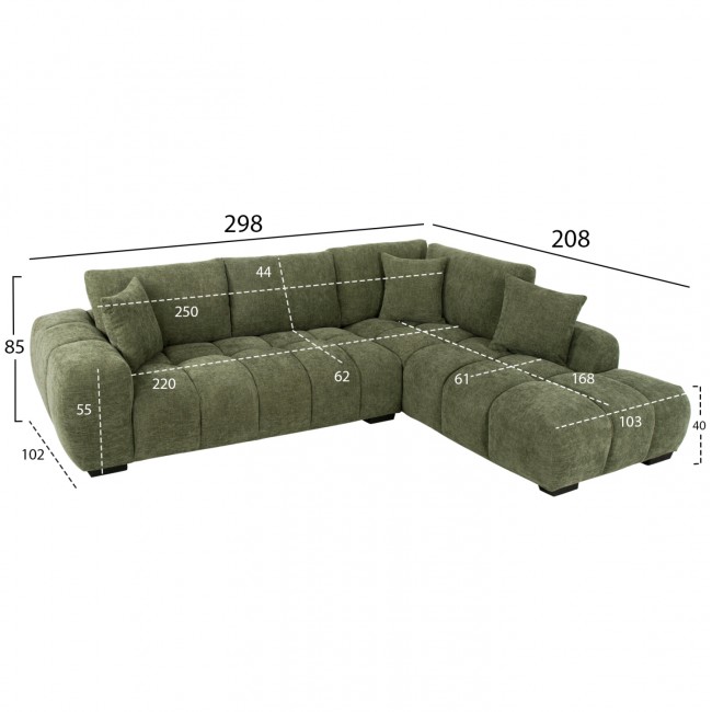 Γωνιακός καναπές "COVEN" από ύφασμα σε χρώμα πράσινο 298x102-208x85