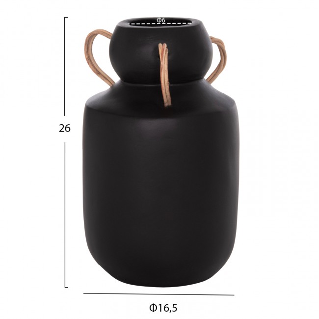 Διακοσμητικό βάζο "MIBO"  από τερακότα και φυσικό RATTAN σε χρώμα μαύρο 16,5x26