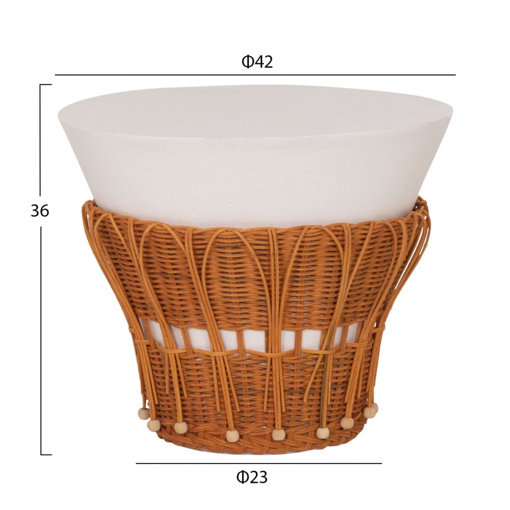 Τραπέζι βοηθητικό "PERRAL" από τσιμέντο/rattan σε χρώμα λευκό/φυσικό Φ42x36