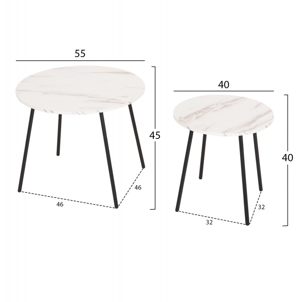 Τραπέζια σαλονιού "CUPPER" 2τμχ απο μέταλλο/MDF σε χρώμα μαύρο/λευκό Φ55x45