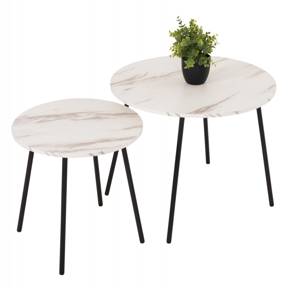 Τραπέζια σαλονιού "CUPPER" 2τμχ απο μέταλλο/MDF σε χρώμα μαύρο/λευκό Φ55x45