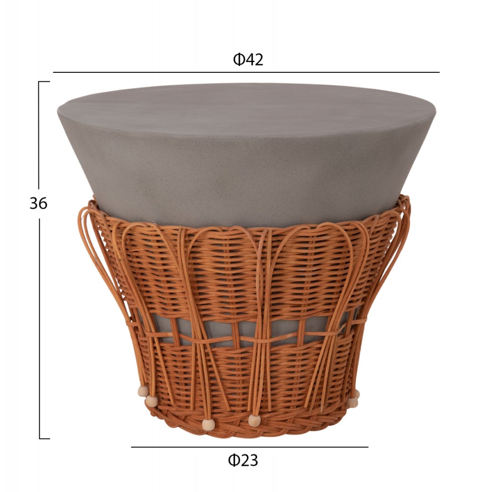 Τραπέζι βοηθητικό "PERRAL" από τσιμέντο/rattan σε χρώμα γκρι/φυσικό Φ42x36