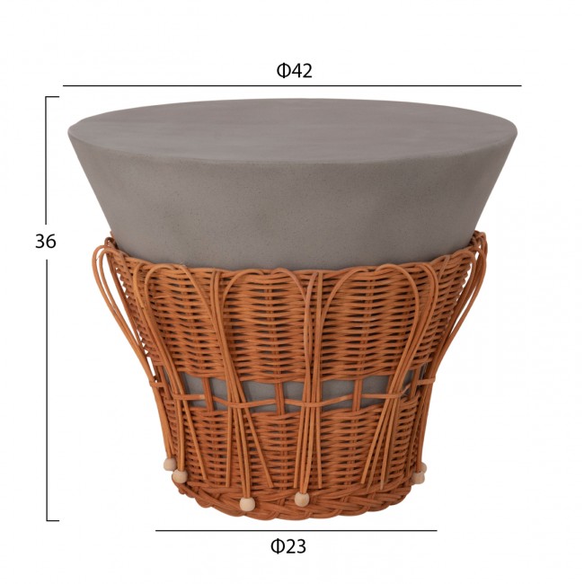 Τραπέζι βοηθητικό "PERRAL" από τσιμέντο/rattan σε χρώμα γκρι/φυσικό Φ42x36
